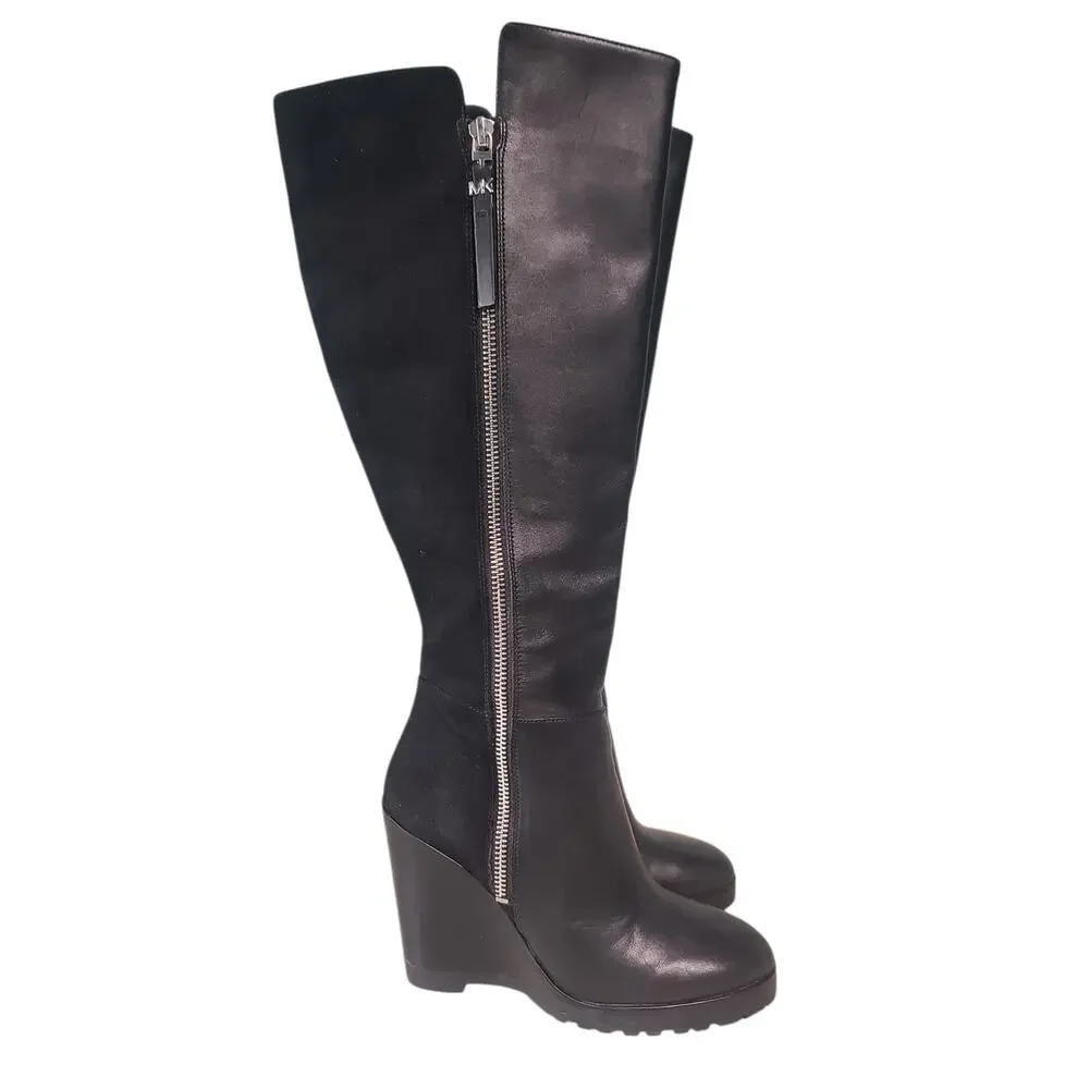 Michael Kors Clara Black Wedge Boots Size 6 GUC 15" Shaft Vachetta Leather - Picture 2 of 9